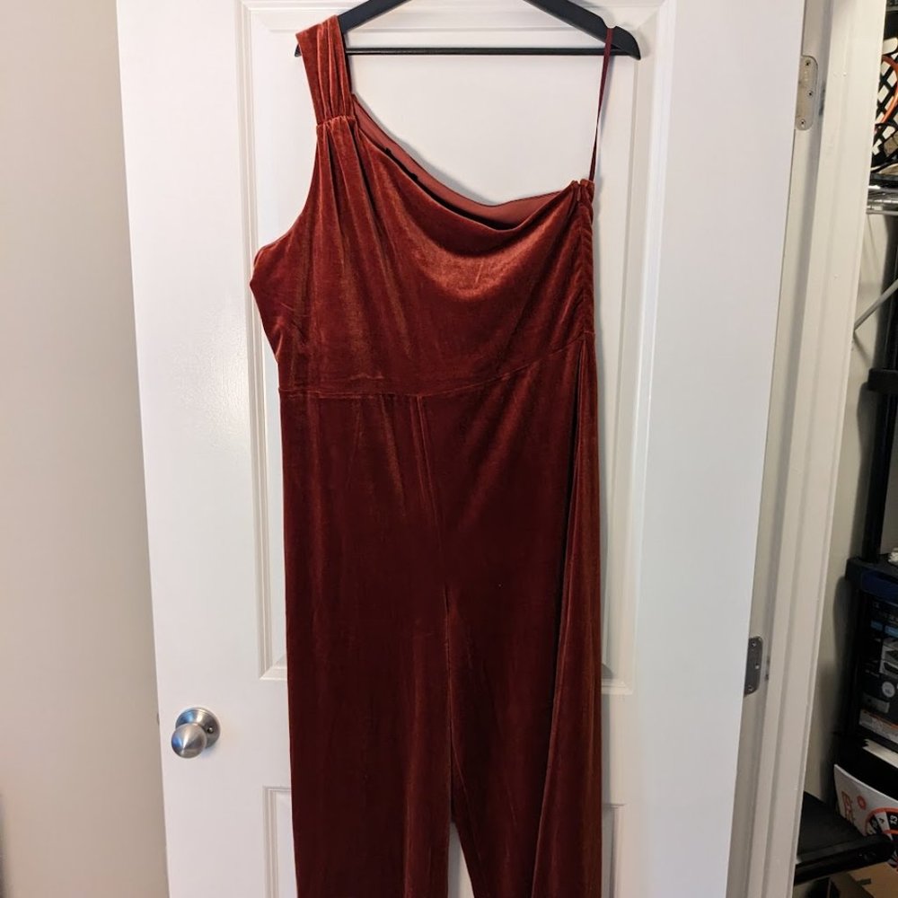 NWT Banana Republic Velvet One-Shoulder Maxi Jumpsuit (Dark Spiced Rum)